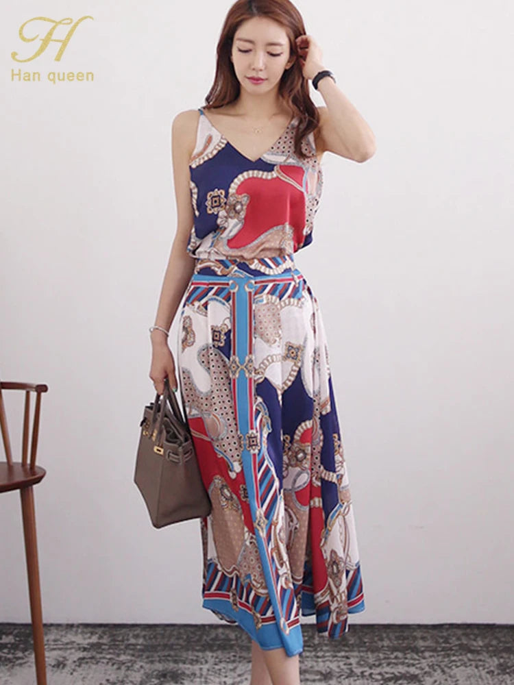 H Han Queen Hot Sale Summer Women Print Work 2 Pieces Set Camisole Top Blouses + Vintage A-Line Skirt Korean Simple Skirt Suit