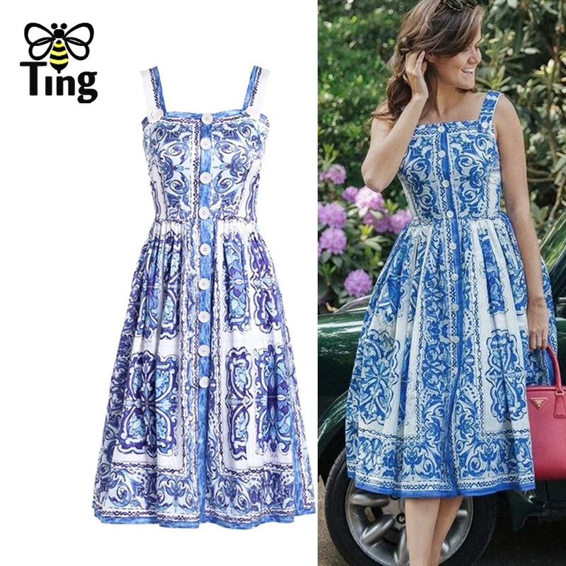 Tingfly Vintage Fashion Button Decor Retro Floral Summer Strap Casual Dress Women Street Chic Sundresses Vacation Clothings