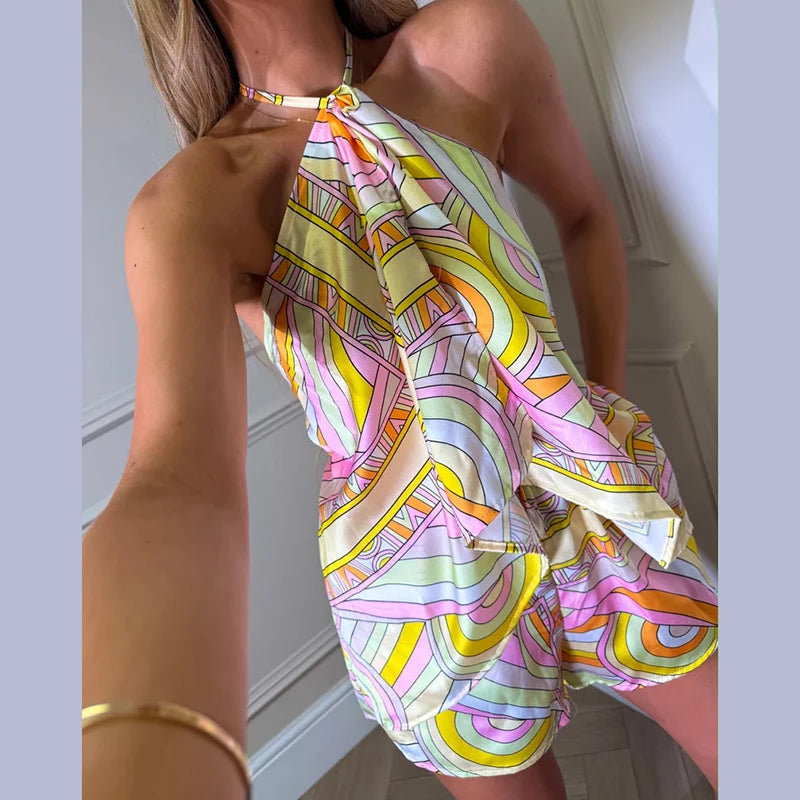 Sexy Women's Satin Printed Vest Shorts Set Lace Up Backless Strapless Crop Tops High Waist Short Pant 2026 Summer Beach Suit