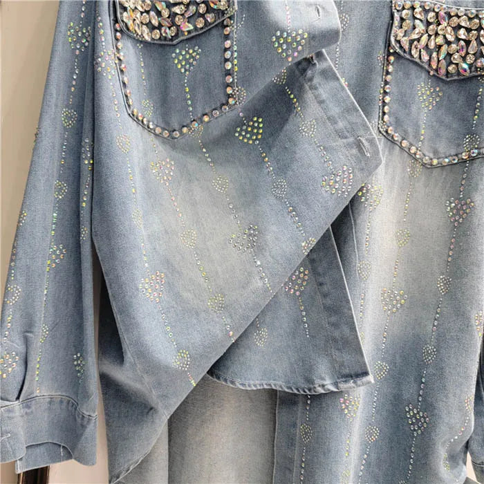 Rhinestone Diamond Turn Down Collar Denim Blouse