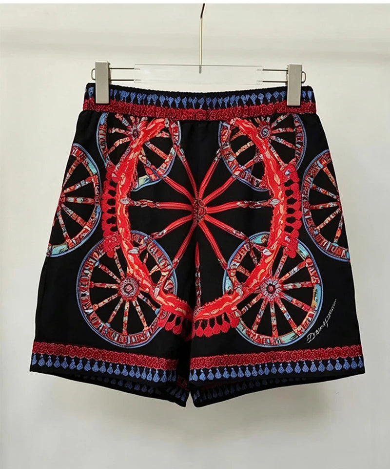 Elegant Retro Wheel Print Two-Piece Suit for Women Short Sleeve Lapel Lace-Up Shirt with Elastic Waist Shorts Summer Fashion - Shellss