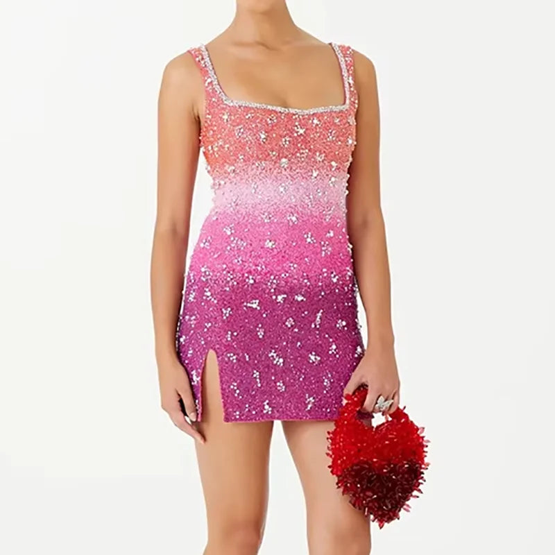 Summer New Temperament Sequin Slim Evening Dress Casual Square Collar Pearl Vestidos Hollow Sleeveless Suspender Club Dresses