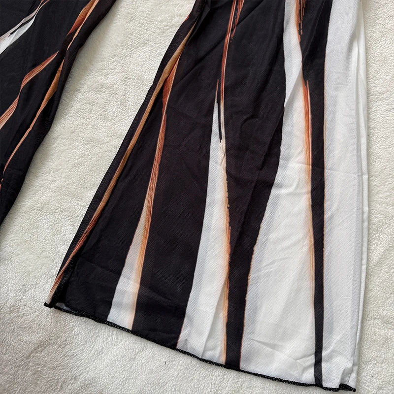 Summer Stripe Sheer Mesh Two Piece Set Women Short Sleeve Top High Waist Pants Elegant See Through Bodycon Matching Sets - Shellss