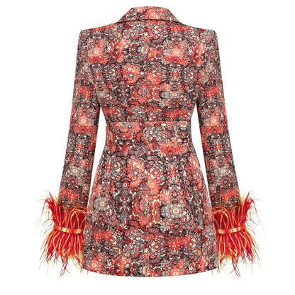 Women Sexy V Neck Floral Print Feather Long Sleeve Bodycon Party Club Event Blazer