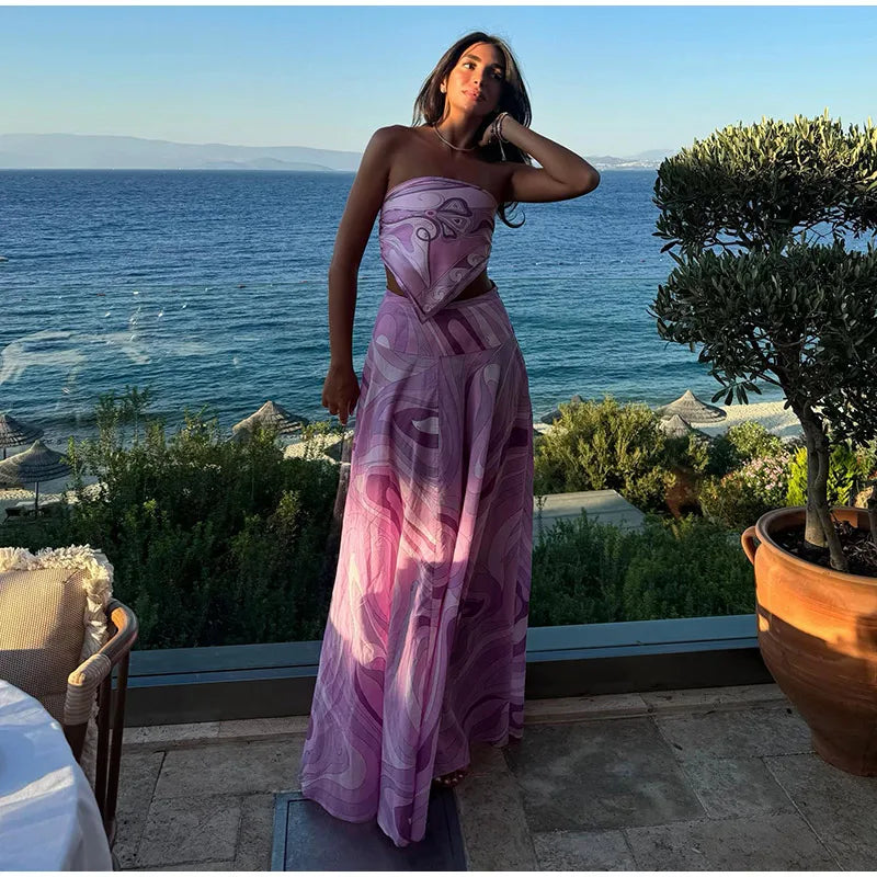 Printed Strapless Pink Skirt Set