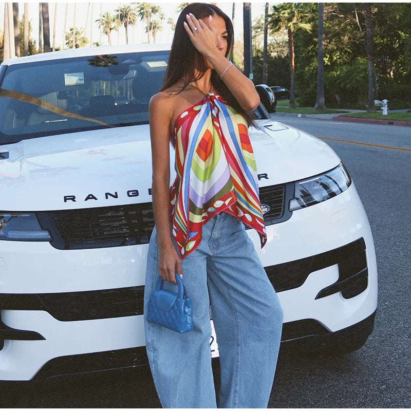 Fashion Printed Halter Vest Skirts Sets Women's Sleeveless Backless Tops Floor-length Skirt 2025 Summe New Beach Vacation suit