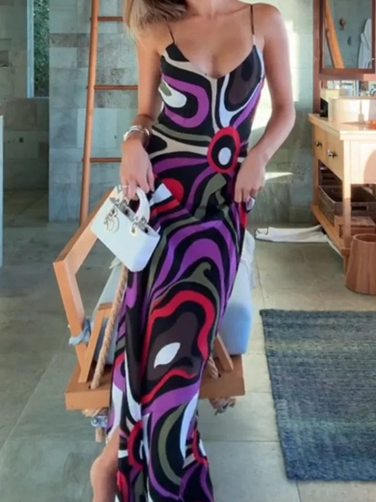 Sexy Printed Sling Long Dress Women Sleeveless Backless High Waist Slim Dresses Female 2026 Summer Beach Vacation Robes Lady