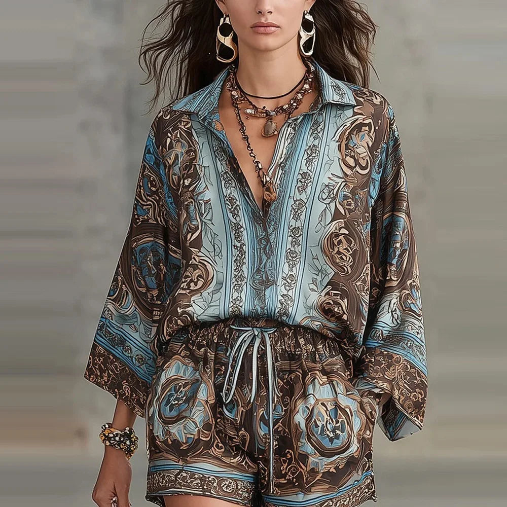 Floral Print Long Sleeve Shirt Shorts Set Women's High Waist Short Pants Outfit Casual Sportswear Two-Piece Set Polyester Fabric - Shellss