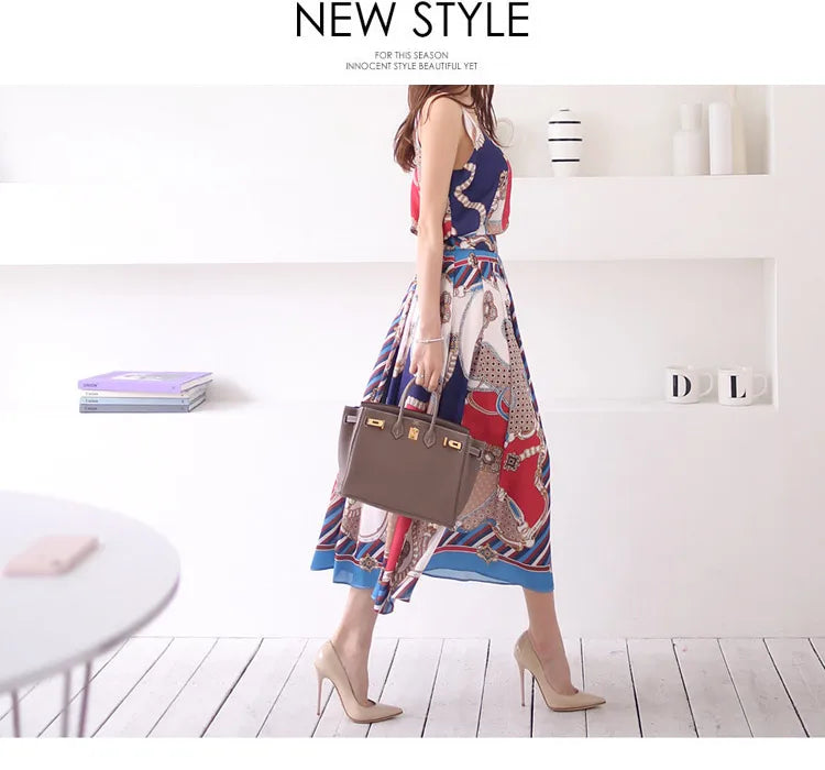 H Han Queen Hot Sale Summer Women Print Work 2 Pieces Set Camisole Top Blouses + Vintage A-Line Skirt Korean Simple Skirt Suit