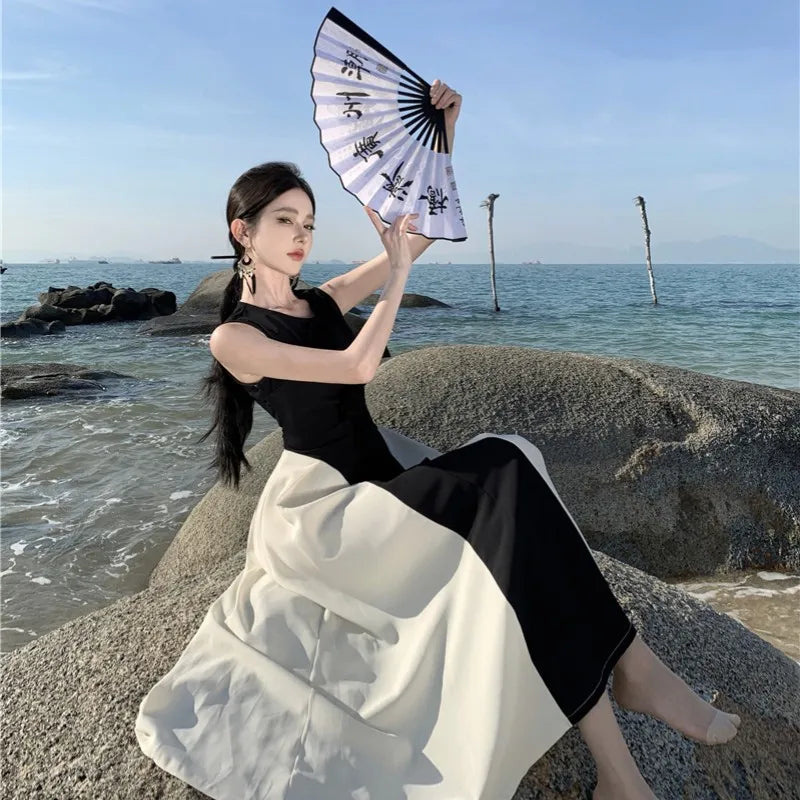 French Contrasting Color Patchwork Dress