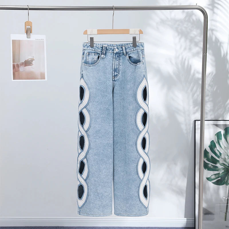 Fashion Side Hollow Out Jeans Women's High Waist Straight Leg Denim Pants 2026 Summer New Lady Trendy Casual Streetwear