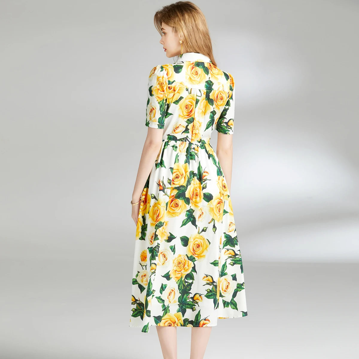 Yellow Rose Print Belted Shirt Dress