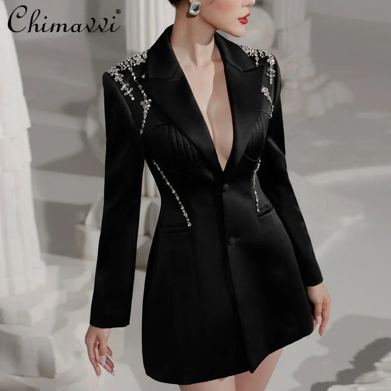 Blazer Diamond Crystals  Black Suit Dress Mid-Waist A- Line Premium