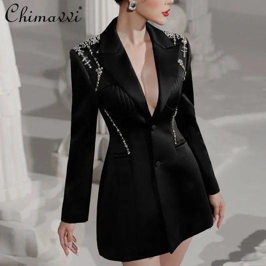 Blazer Diamond Crystals  Black Suit Dress Mid-Waist A- Line Premium