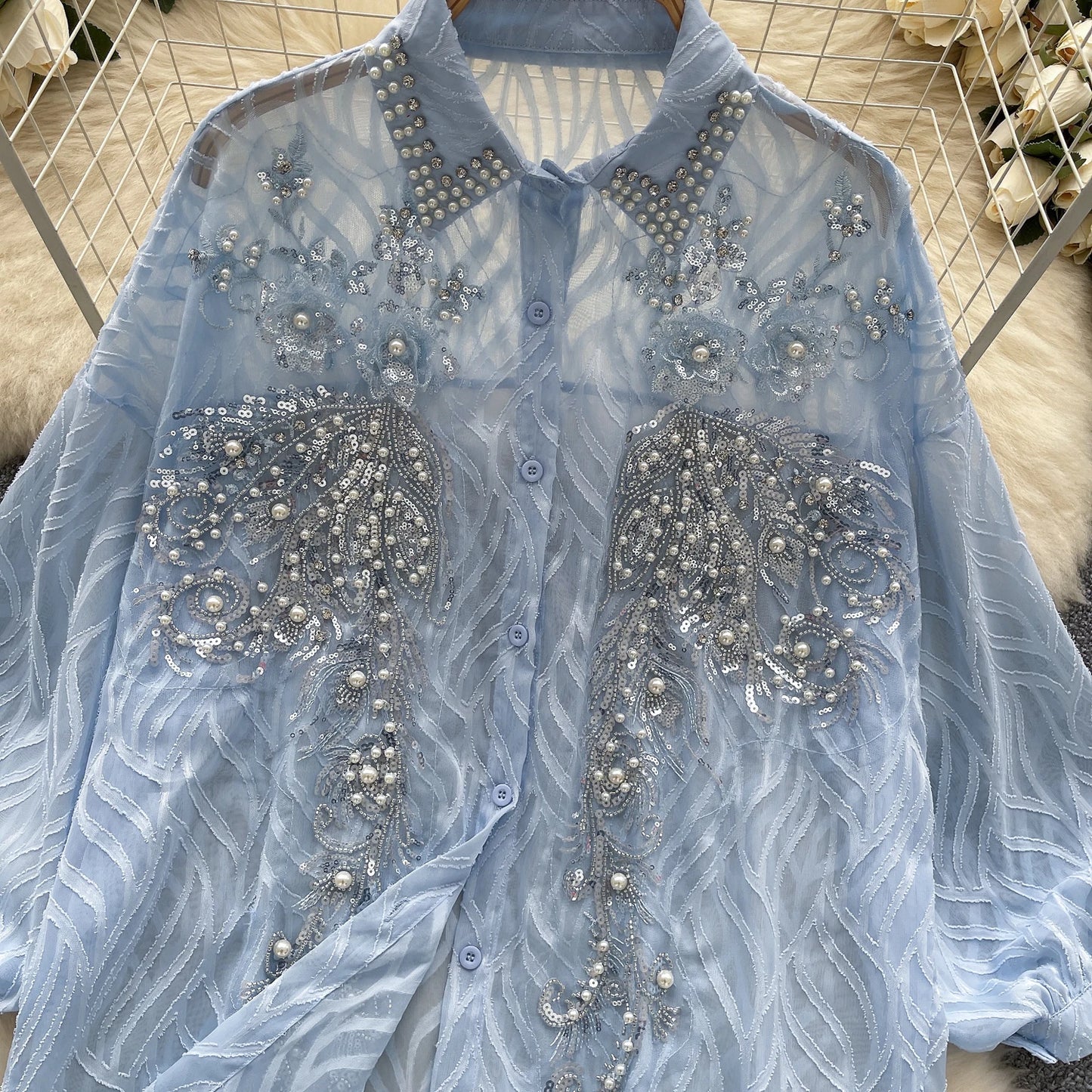 Lantern Sleeves Polo-neck Embroidered Beads Sequin shirt