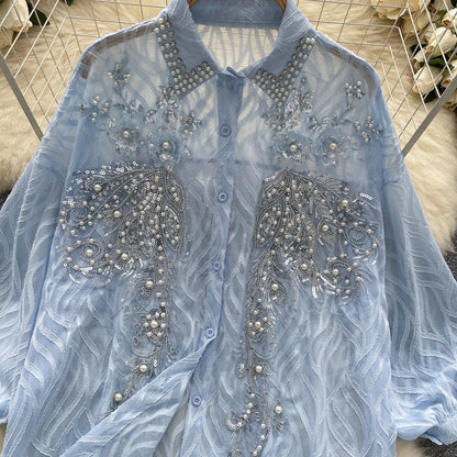 Lantern Sleeves Polo-neck Embroidered Beads Sequin shirt