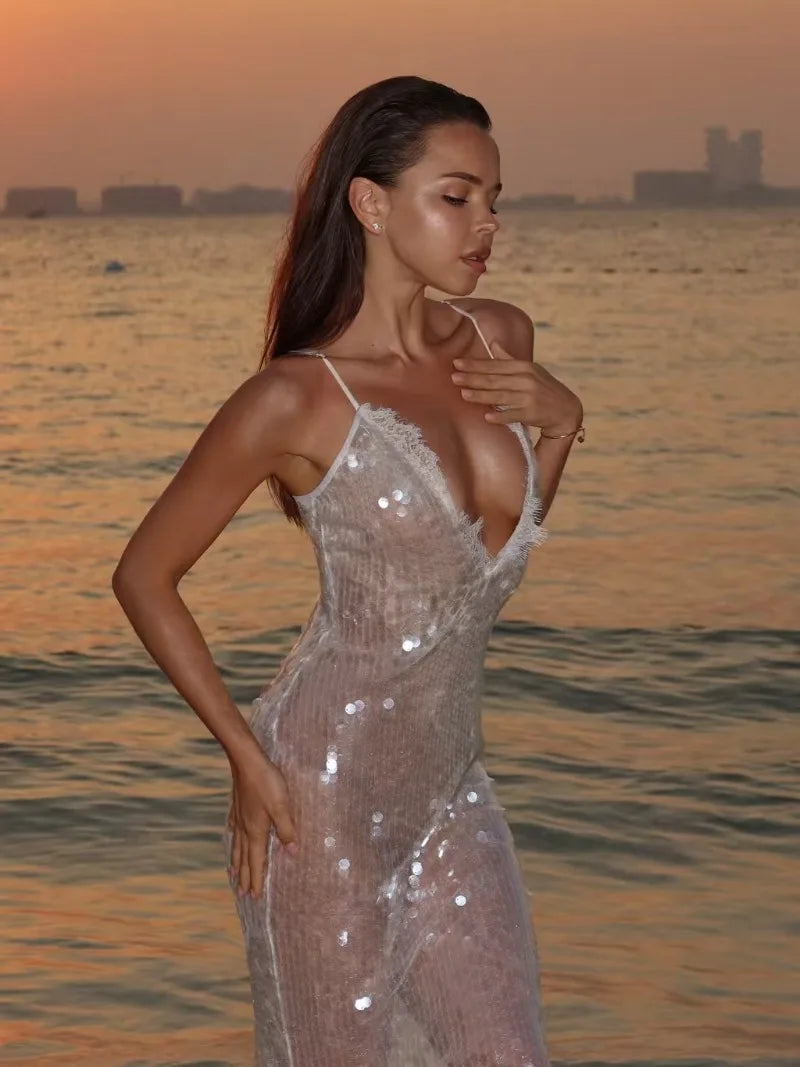 Sexy Sheer Sequin Lace Trim Spaghetti Strap Maxi Dress Deep V‑Neck Backless Bodycon Dresses Beach Vacation Evening Party Gown