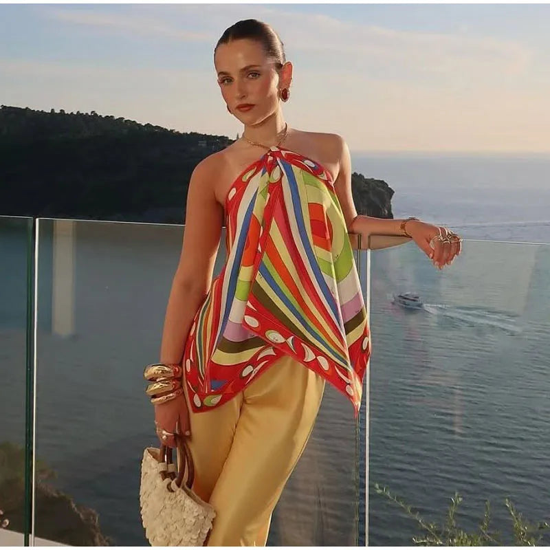 Fashion Printed Halter Vest Skirts Sets Women's Sleeveless Backless Tops Floor-length Skirt 2025 Summe New Beach Vacation suit