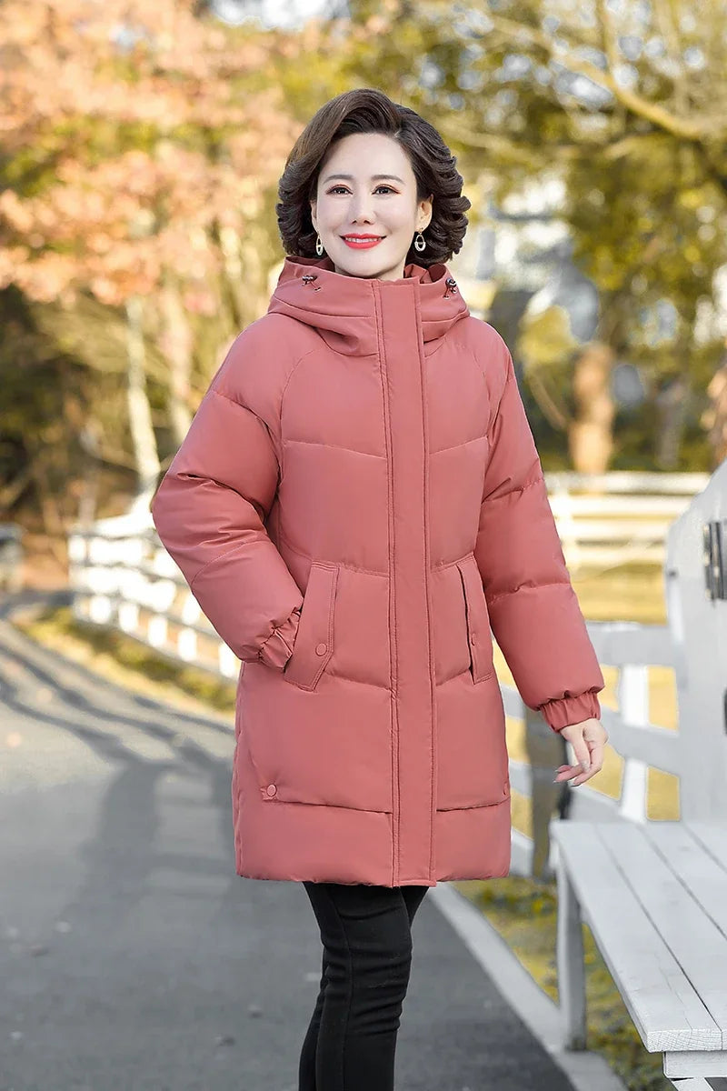 Winter Cotton padded Jacket Hooded solid color fleece thick Parkas Warm Loose Long Overcoat middle aged and Grandma Snow Coat