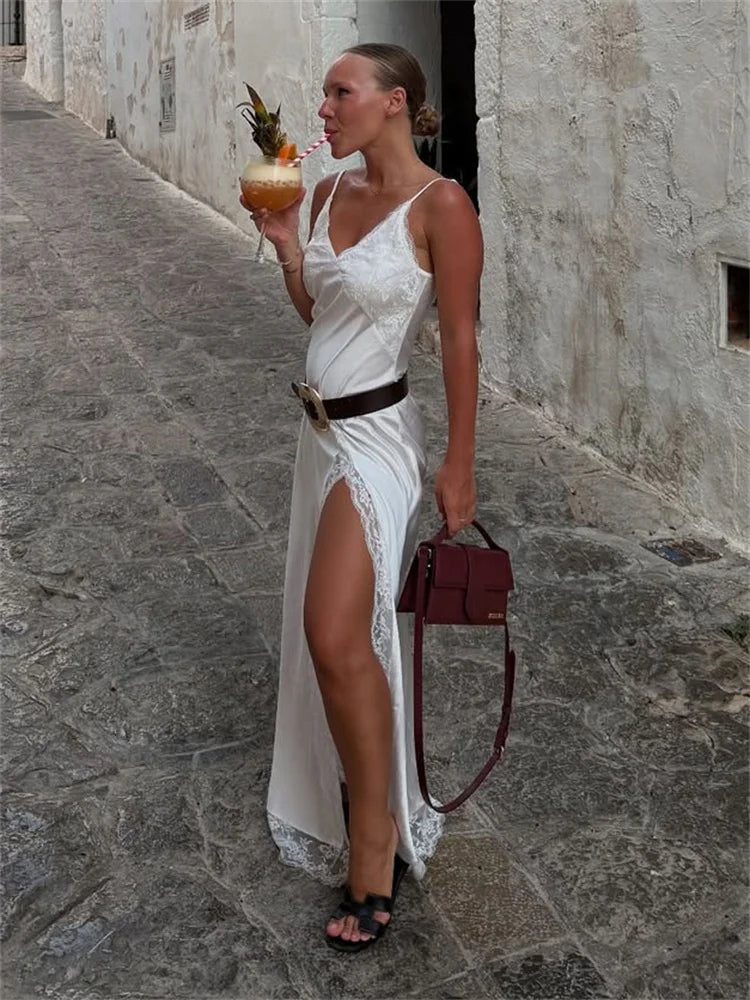 Black Lace Long Satin Dress