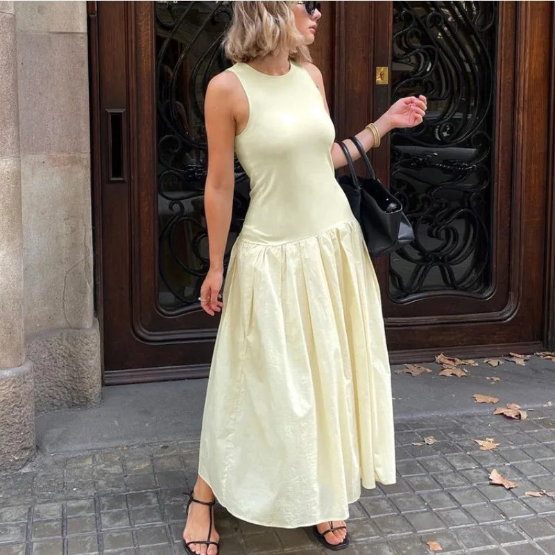 Talenza Elegant Sleeveless Vest Long Dress Women's Summer Solid Color Long Party Dress Pleated Patchwork Casual Slim Long Dress - Shellss