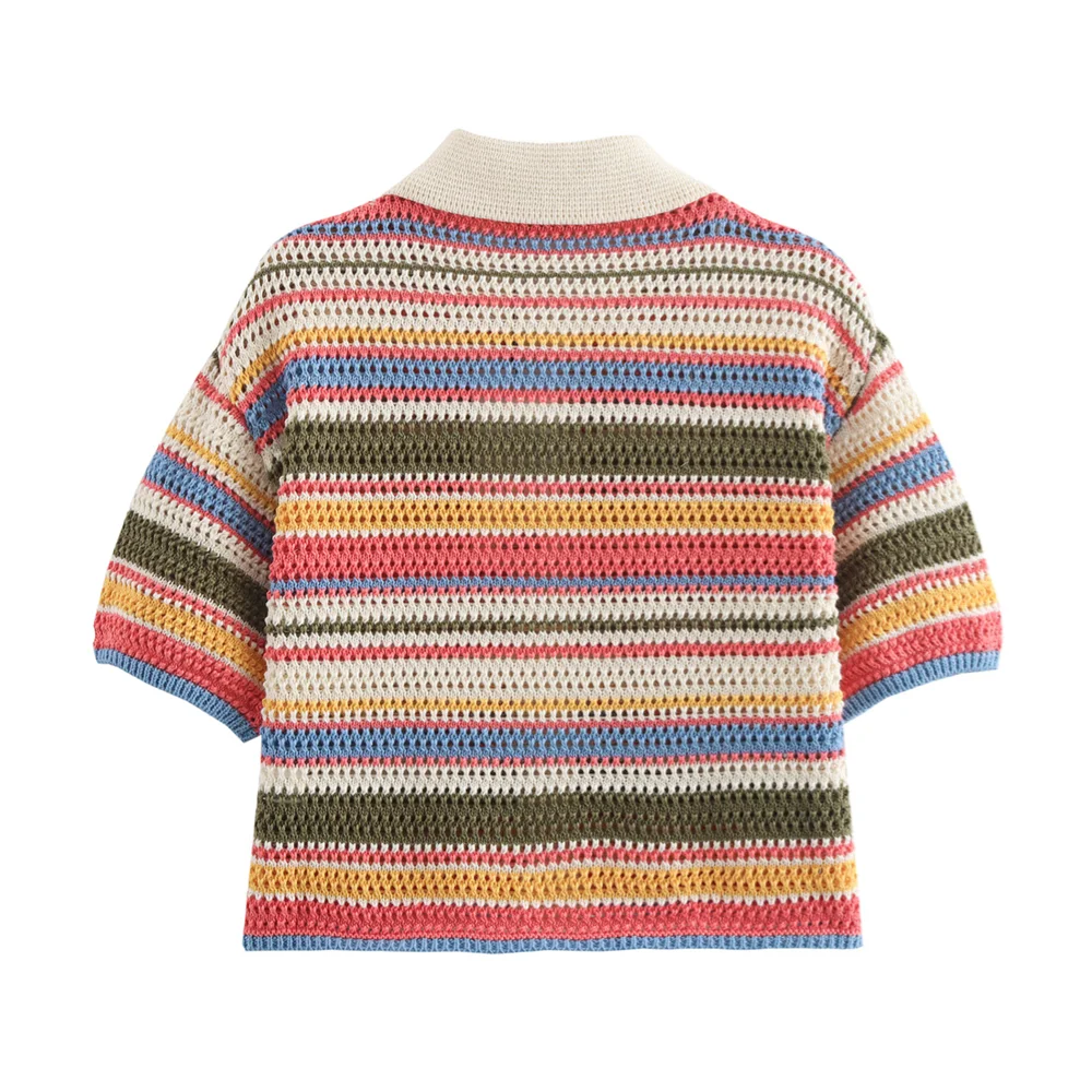 POLO collar short knitted striped shorts set