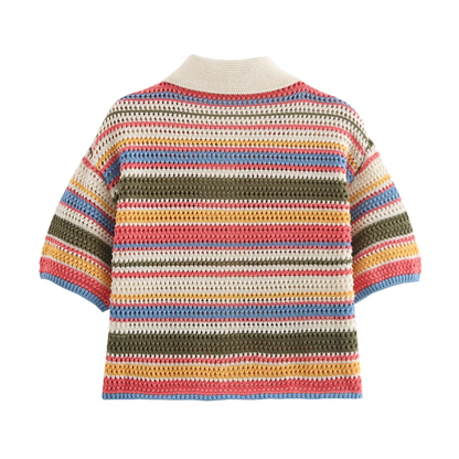 POLO collar short knitted striped shorts set