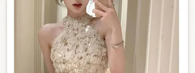 Summer New Little Fragrance Style Hot Girl Tassel Bright Particle Top Bodycon High Waist  Skirt Two Piece Set Women
