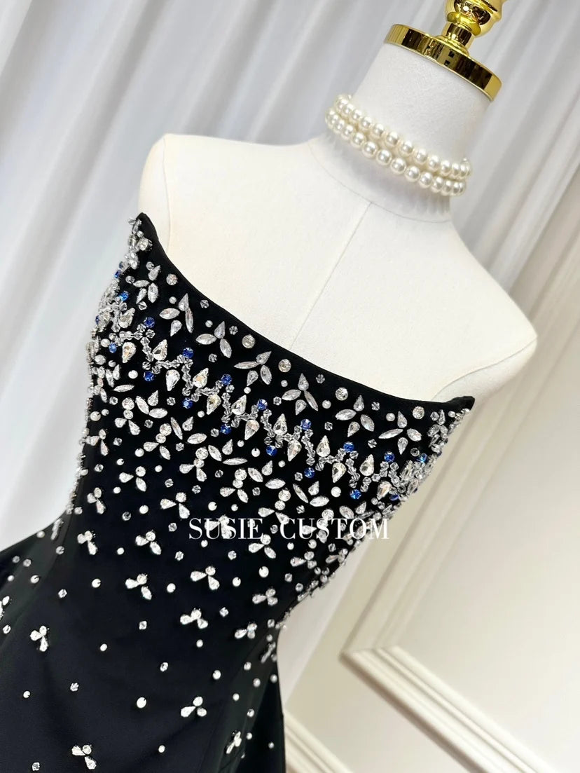 Fishbone Design Diamond Decorated A-Line Gown Heavy Embellishment Strapless Ball Gown Skirt Flounce Summer Dress