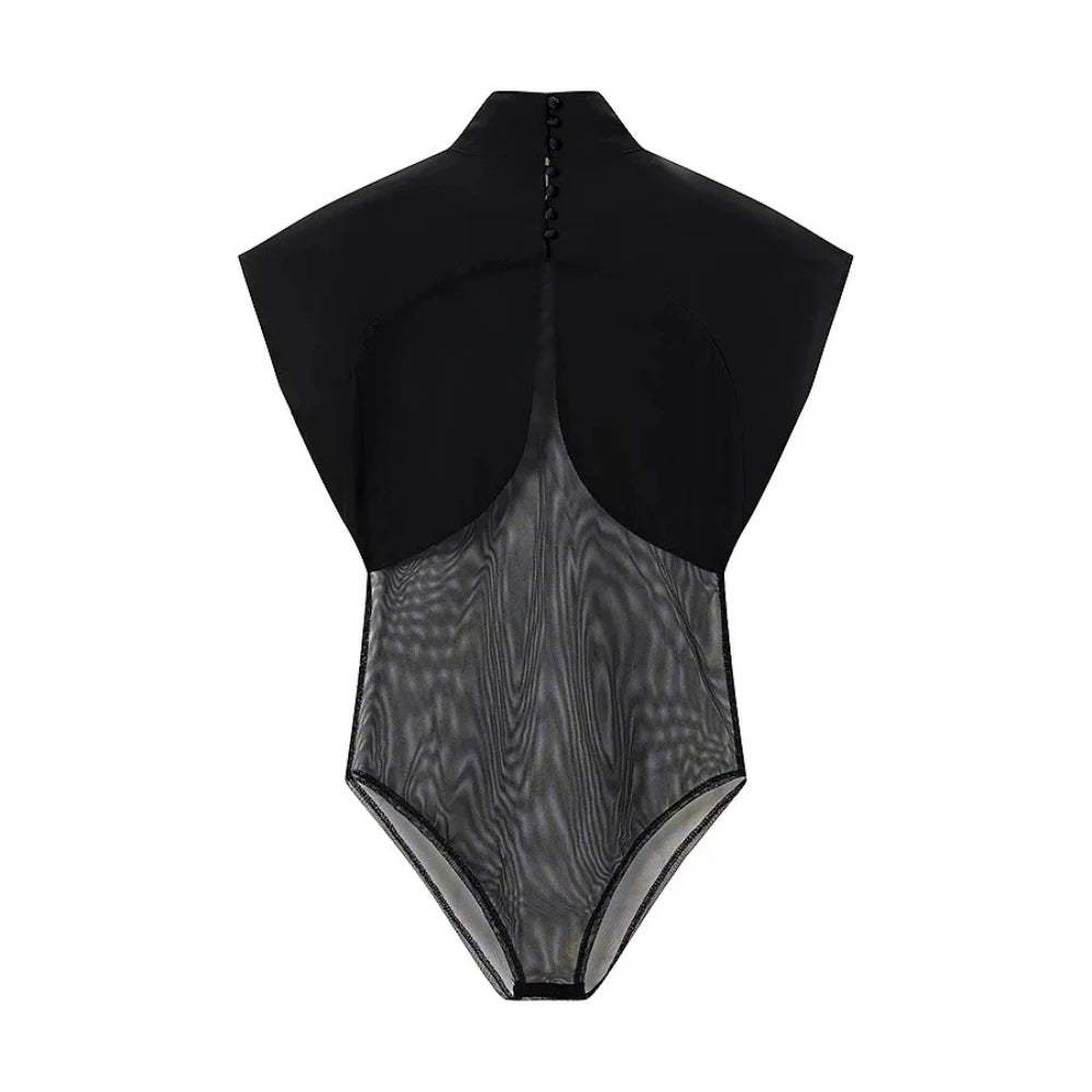 TWOTWINSTYLE Black Loose Spliced Mesh Jumpsuits for Women Stand Collar Sleeveless Sexy Temperament Jumpsuit Female Fashion New