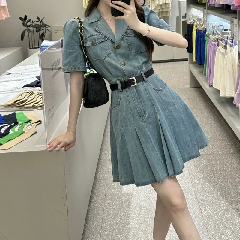 Denim Dress Bandage for Women Blazer Buttons