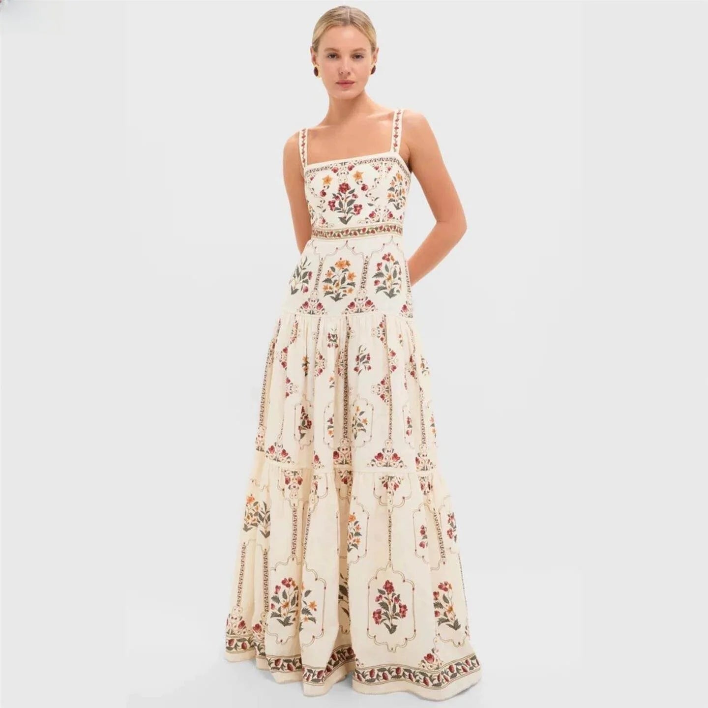 Casual Sleeveless Floral Patchwork Maxi Dress Women's Printed Dress Large Skirt European Style mid Waist Other 100% Fabric