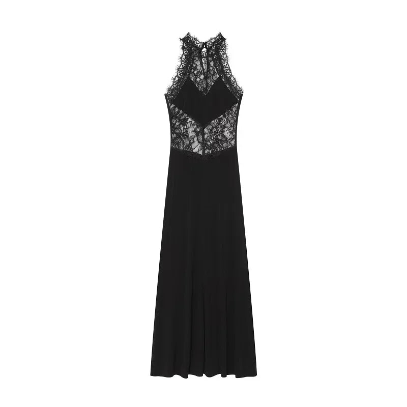 HXAO Halter Women's Lace Dress Summer Corset Elegant Party Dresses Off Shoulder Sexy Vacation Black Dress Semi Sheer Maxi Dress