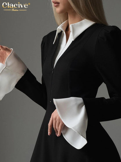 Black Elegant Lapel Long Sleeve Office Midi Dresses