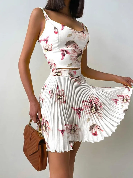 Two Piece Set Mini Print Pleated Skirt Set