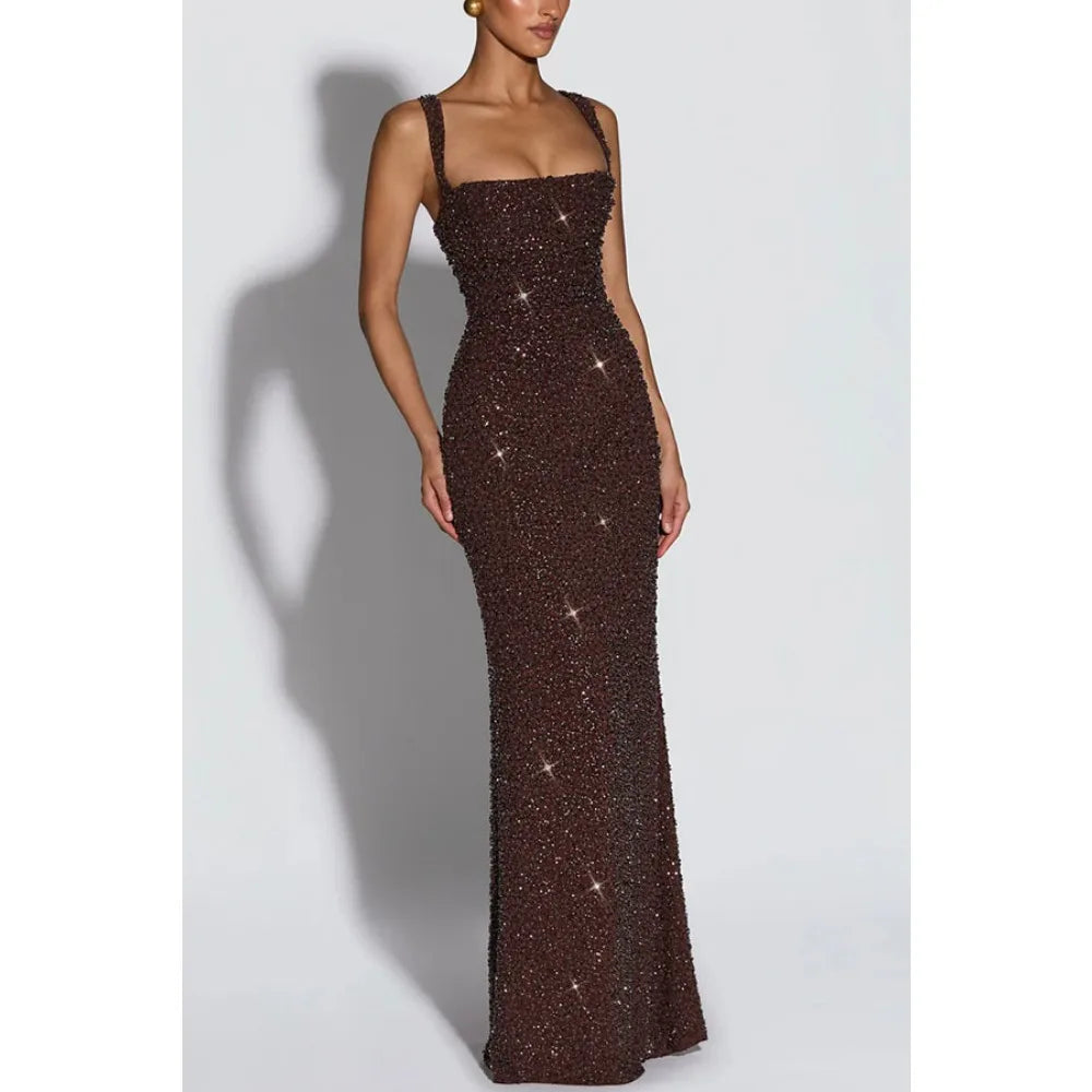 Women European American Sequin Cami Dress Sleeveless Tie Slim Fit Cocktail Party Evening Gown