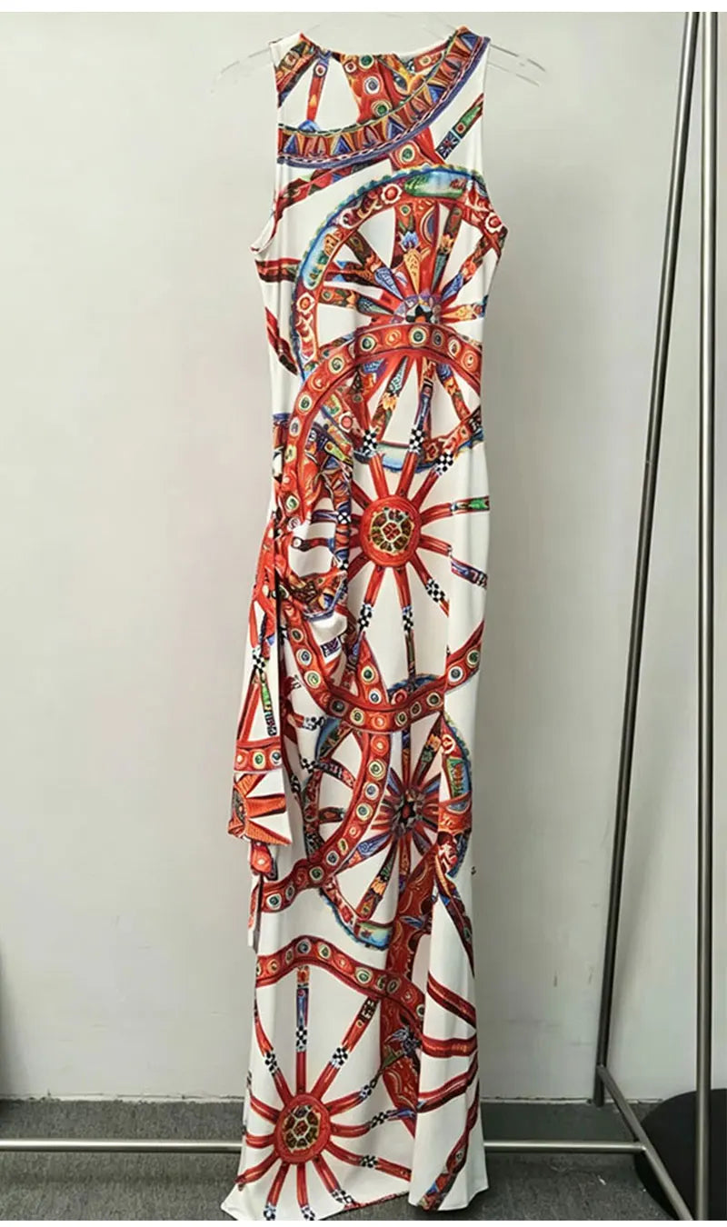 Fashion women's new round neck sleeveless dress colorful wheel print slim irregular temperament dress elegant holiday party dres - Shellss
