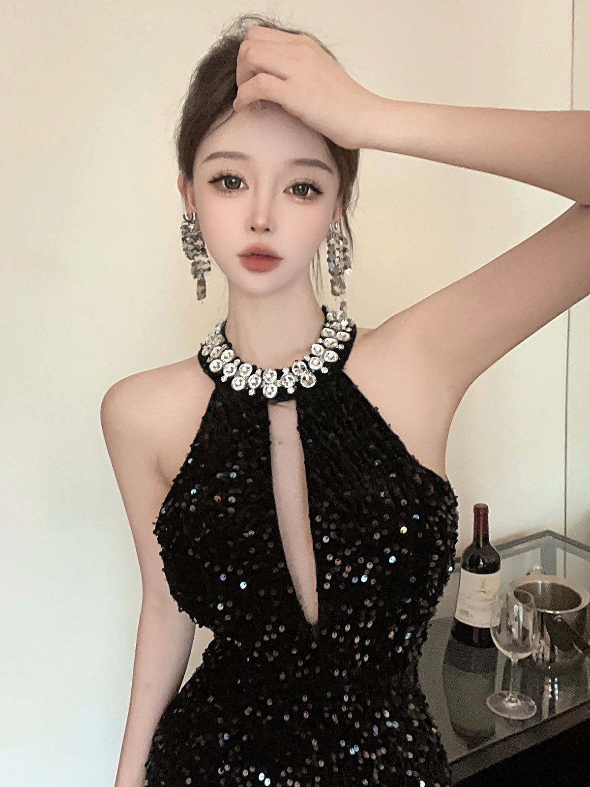 Celebrity Lady Diamonds Beads Halter Black Birthday Party Dress Summer Sequined Hollow Out Sleeveless Elegant Pencil Mini Dress
