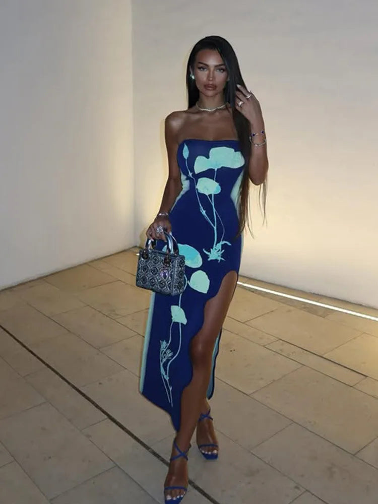 Fashion Elegant Sleeveless Print Long Dress Women's Sexy Backless Strapless Bodycon Maxi Dresses Summer Beach Holiday Long Robe