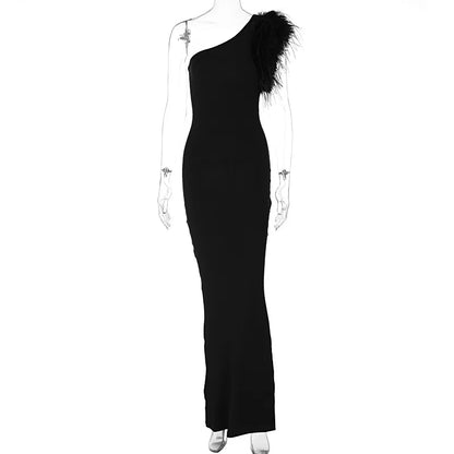 Dulzura Black Sleeveless One Shoulder Feather Maxi Premium