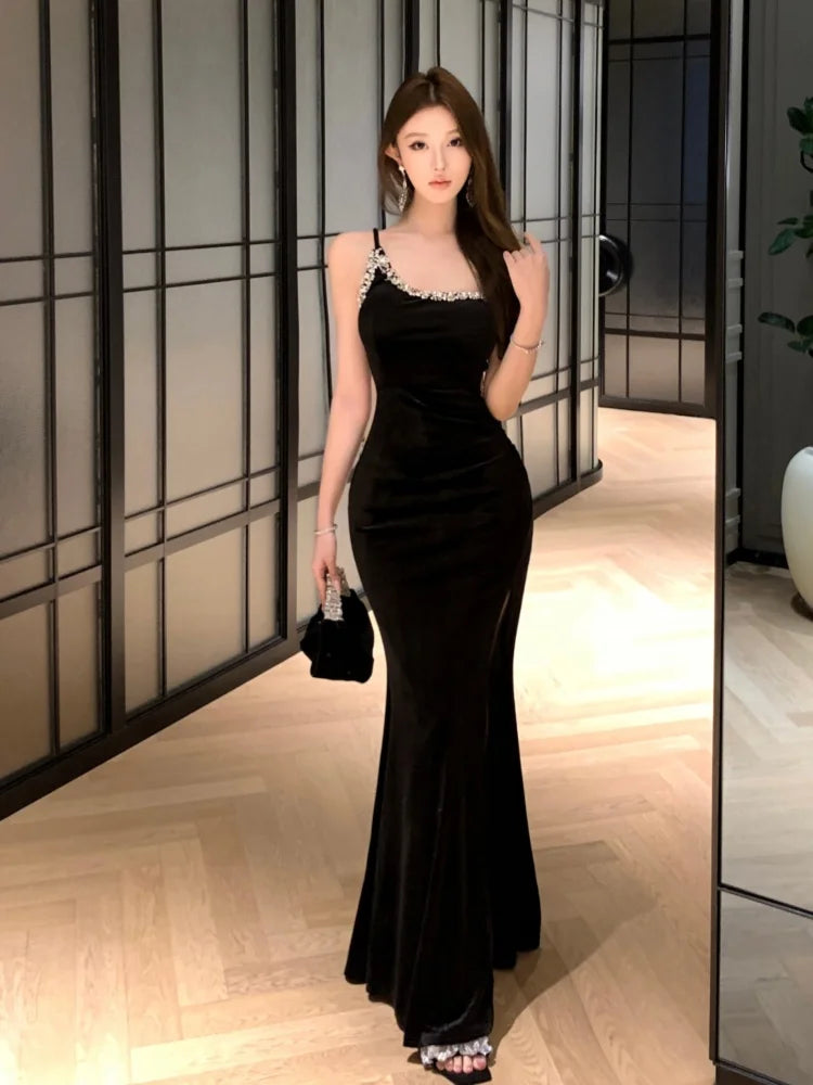 Summer French Elegant Fashion Evening Gown Women's Backless One-shoulder Bodycon Velvet Dress High-end Diamond Slim Gown Summer