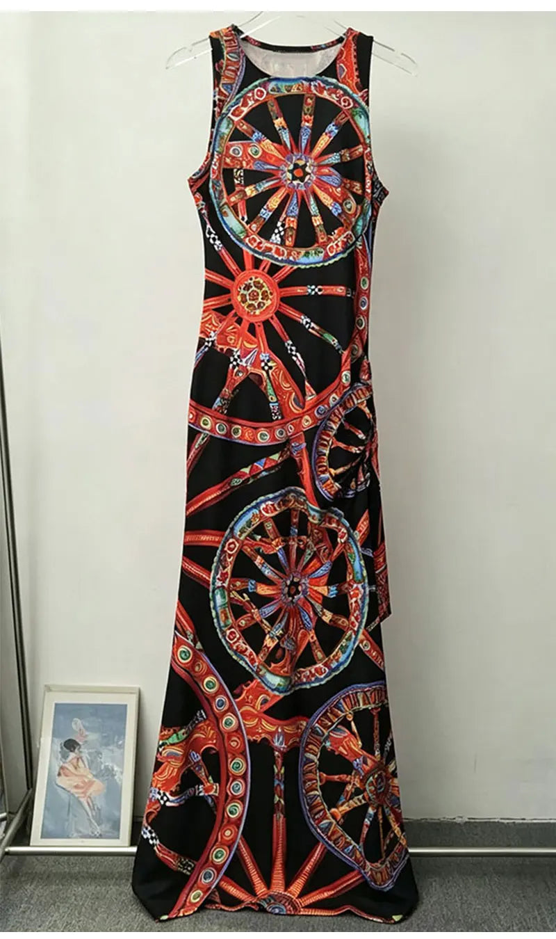 Fashion women's new round neck sleeveless dress colorful wheel print slim irregular temperament dress elegant holiday party dres - Shellss