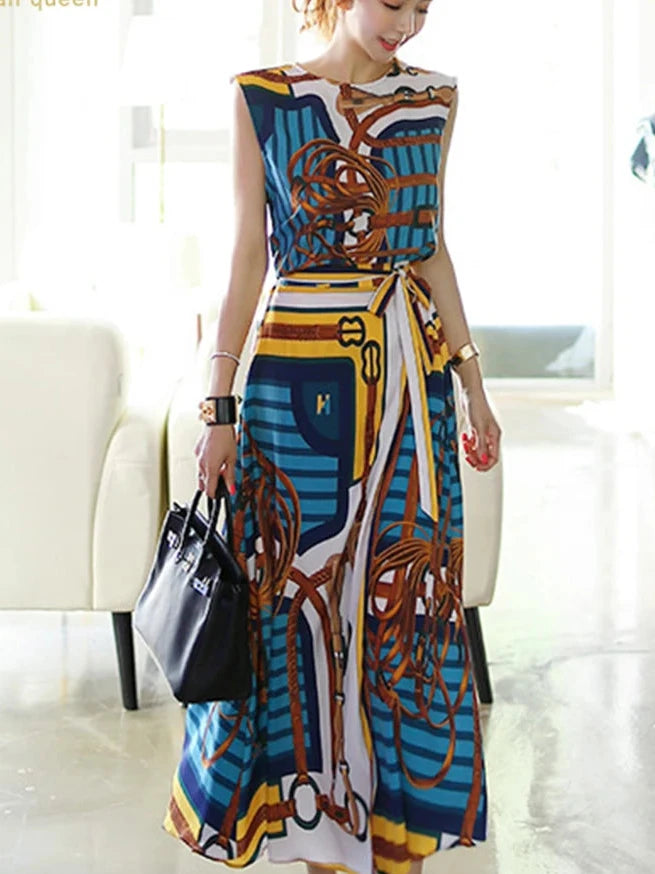 H Han Queen Hot Sales Korean Women's Summer Sexy Prints Work 2 Pieces Set Sleeveless Tops & A-Line Long Skirt Korean Skirt Suit