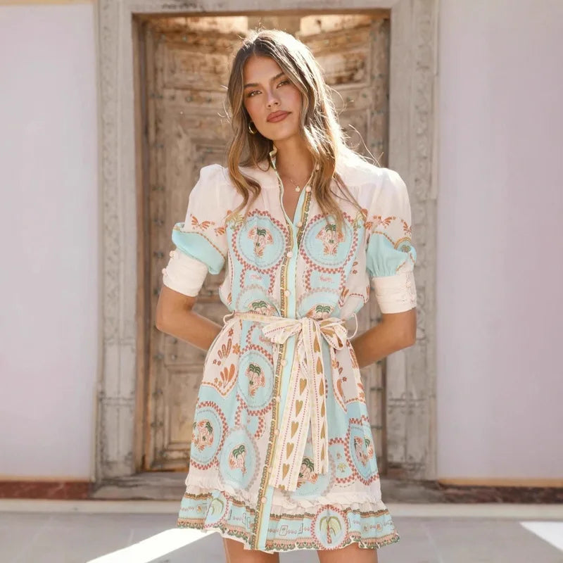2026Linen floral print tie-neck short-sleeve dress for women