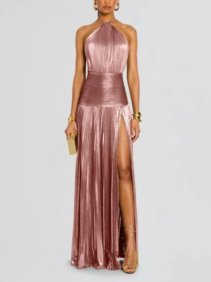 Sexy Off Shoulder Halter Folds Slit Long Dress Luxurious Women Corset Party Dress Gold Halter Neck Evening Dress