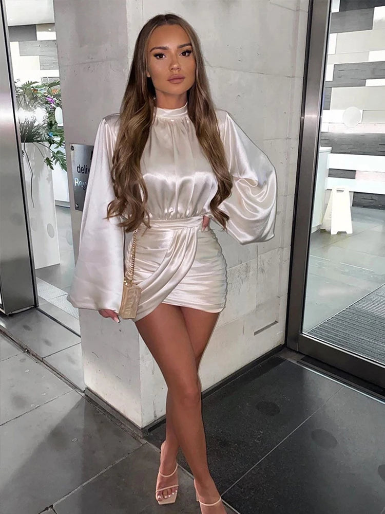 Ruched Satin Mini Dress – White Lantern Sleeve - Shellss