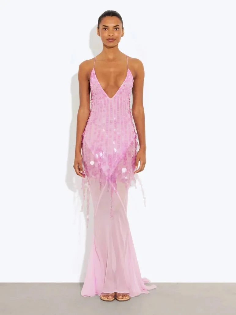 New Summer Sequins Patchwork Mesh Slim Long Dress Women Casual Vacation Dress Sexy Suspender V Neck Backless Evening Dress