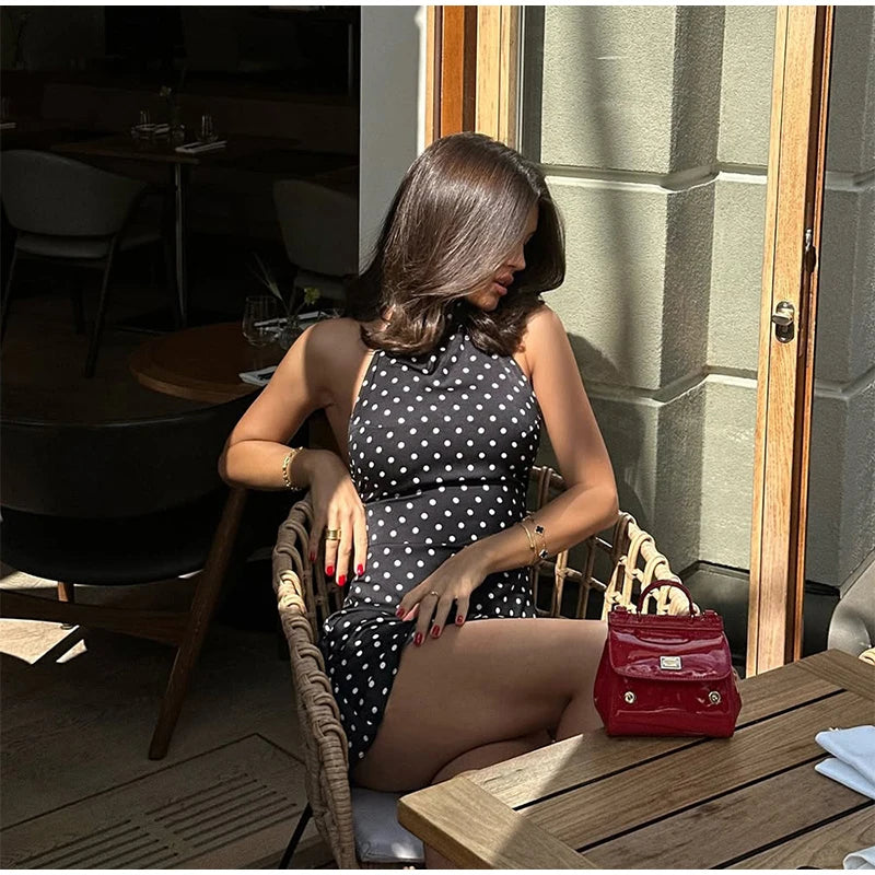 Polka Dots Print Halter Lace-up Dress