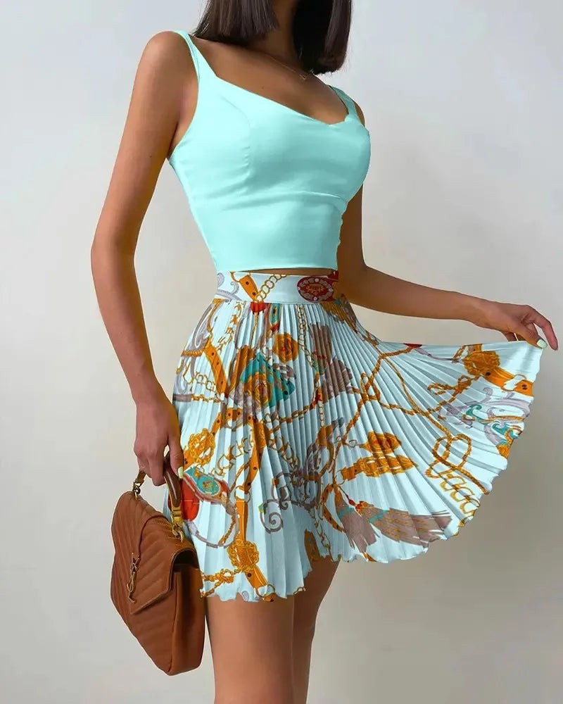 Two Piece Set Mini Print Pleated Skirt Set