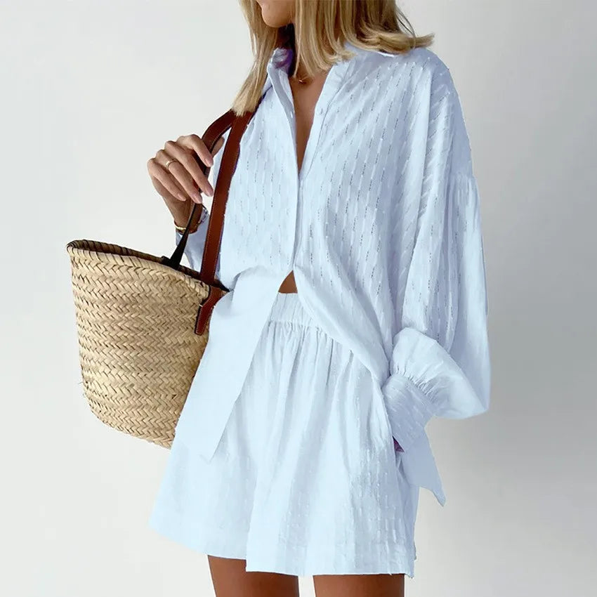 Elegant Jacquard Solid Color Shirt & Shorts Two-Piece Set